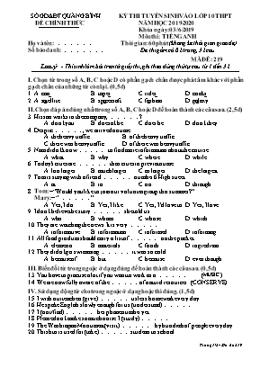 Đề thi tuyển sinh Lớp 10 THPT môn Tiếng Anh - Mã đề 219 - Năm học 2019-2020 - Sở giáo dục và đào tạo Quảng Bình
